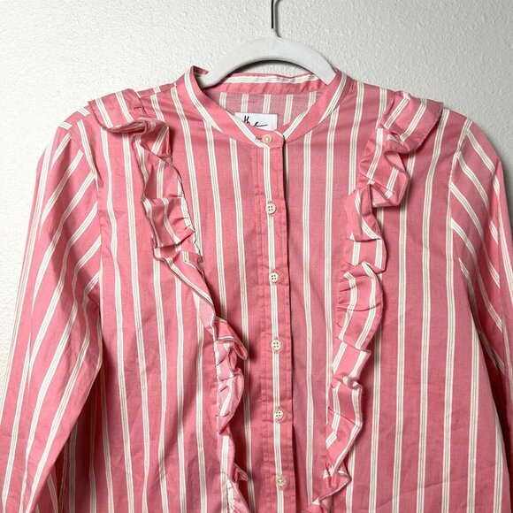 The Shirt Rochelle Behrens Button Up Ruffle Size M Pink Striped Long Sleeves - Picture 2 of 10